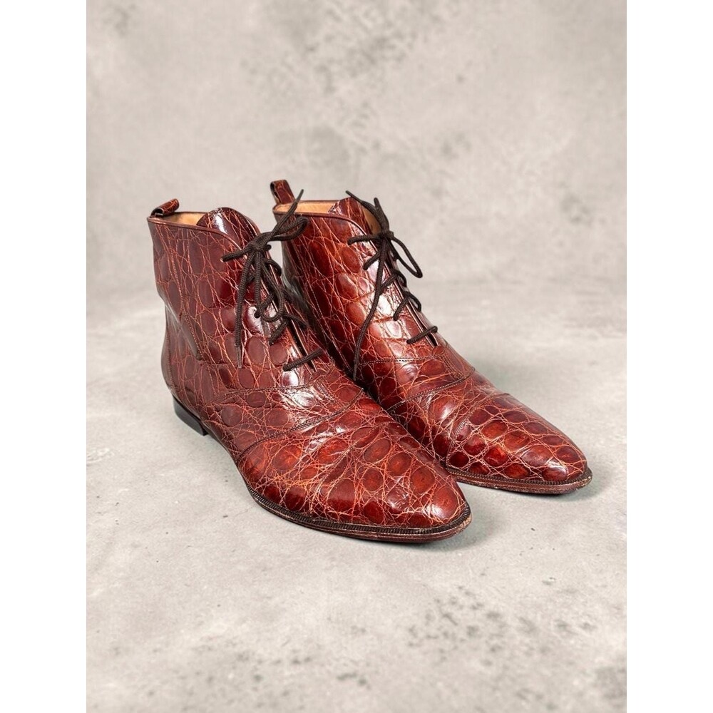 Vintage Cole Haan Italian Made Croc Embossed Leather Booties Size 8.5 1990s Y2K